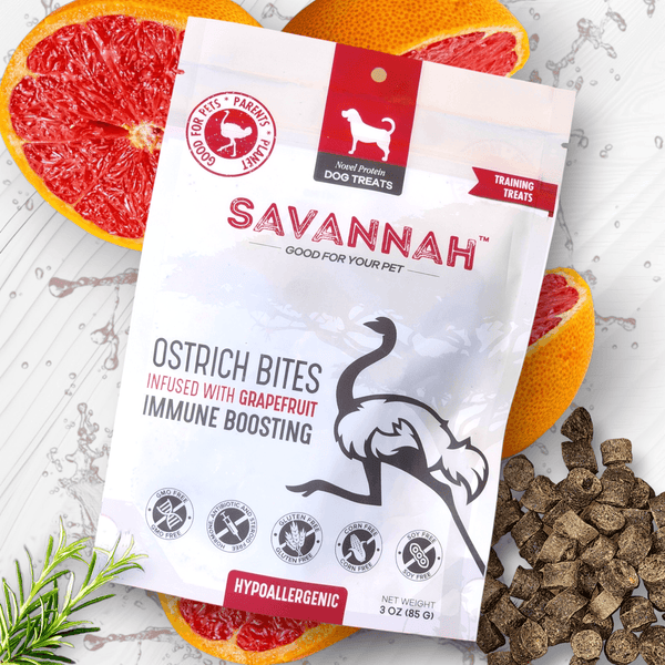 Ostrich Bites with Grapefruit. Hypoallergenic Immune Boosting Dog Treats  - Savannah, 3oz