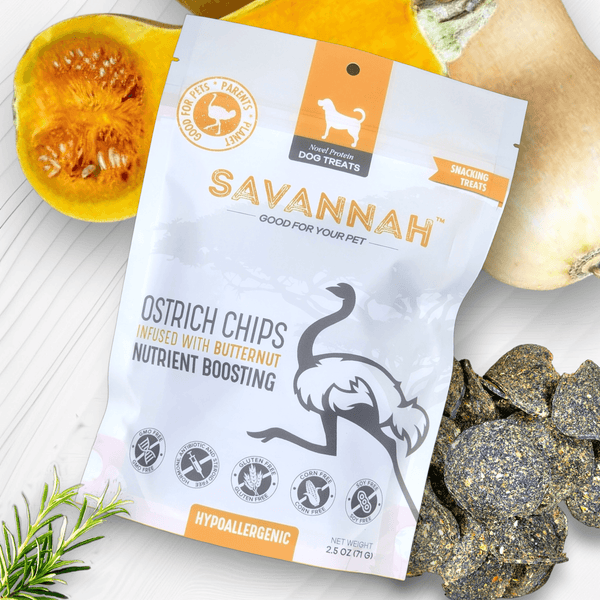 Ostrich Chips with Butternut. Hypoallergenic with Nutritious Butternut Dog Treats - Savannah, 2.5oz