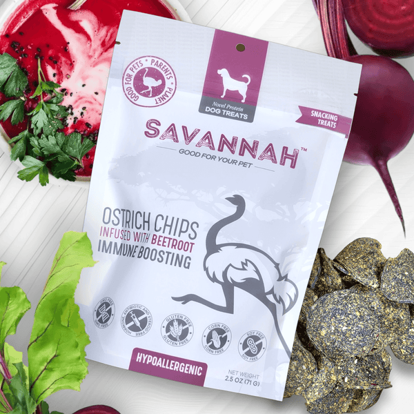 Ostrich Chips with Beetroot. Hypoallergenic Immune Boosting Dog Treats - Savannah, 2.5oz