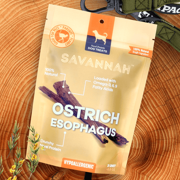 Crunchy Ostrich Esophagus Cuts. Light-weight, Natural Dog Chew Treat by Savannah Pet Food